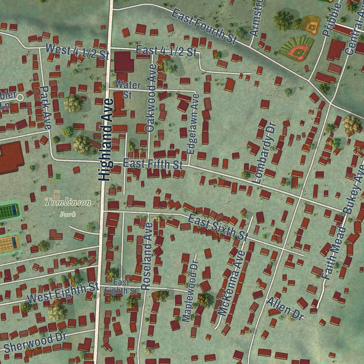 Second close-up of the map of Williamstown, West Virginia print showing more streets and buildings