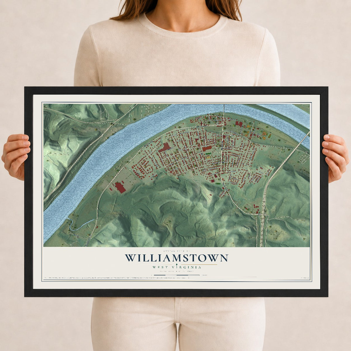 Map of Williamstown, West Virginia, 12 x 18 inch print in a black wood frame