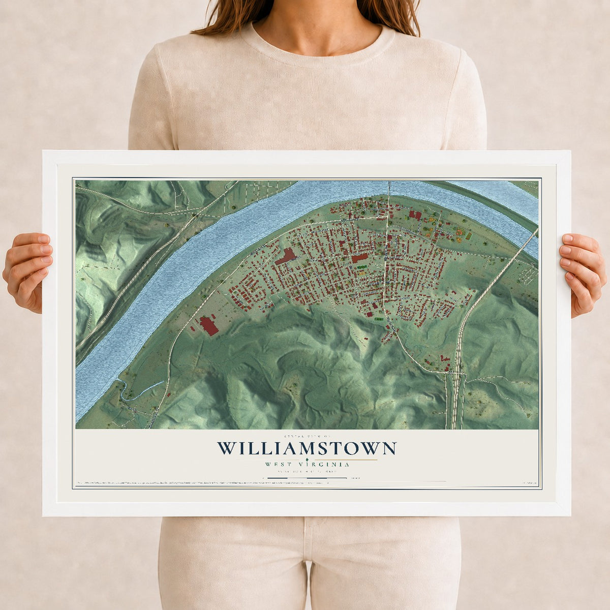 Map of Williamstown, West Virginia, 12 x 18 inch print in a white wood frame