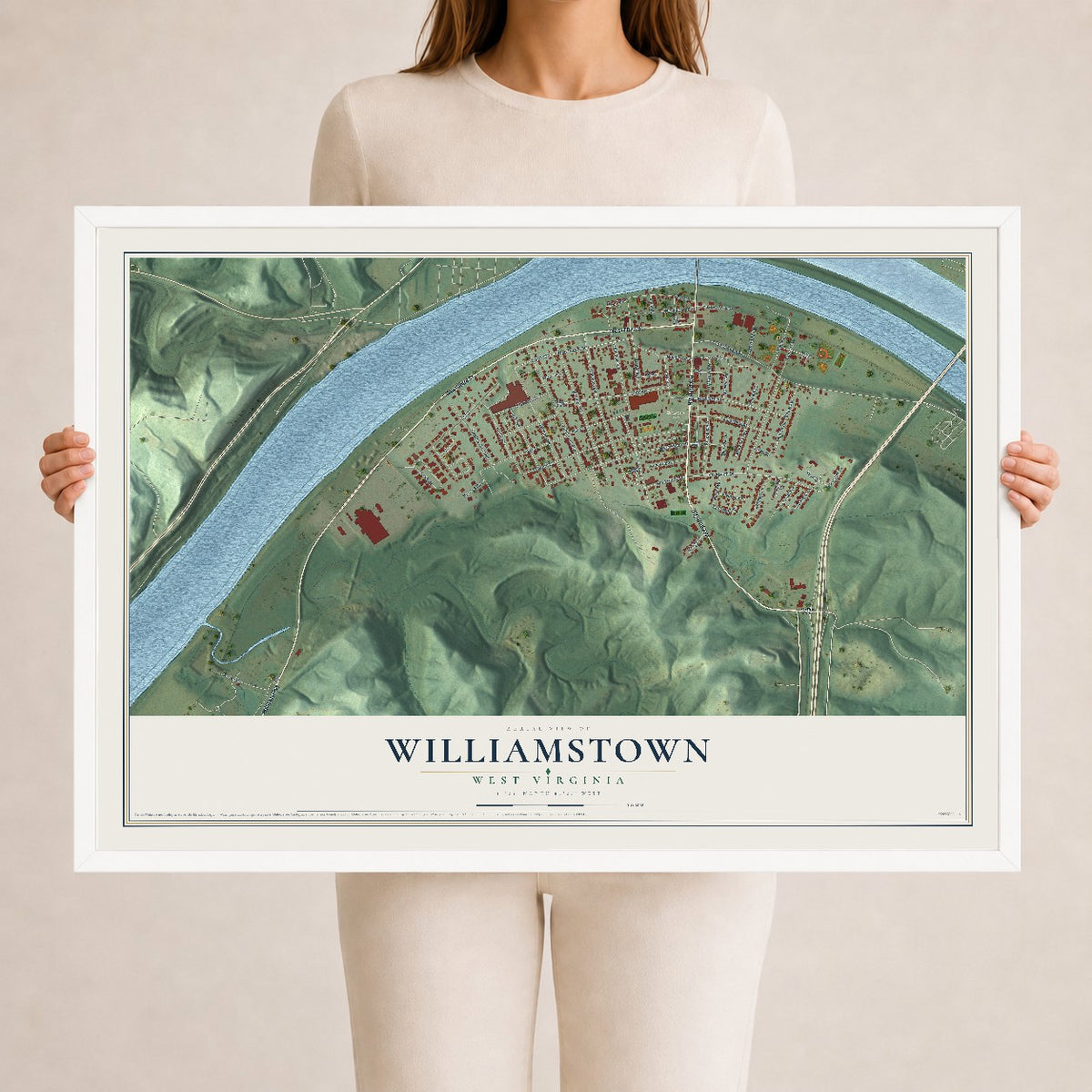 Map of Williamstown, West Virginia, 24 x 36 inch print in a white wood frame