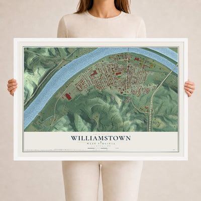 Map of Williamstown, West Virginia, 24 x 36 inch print in a white wood frame