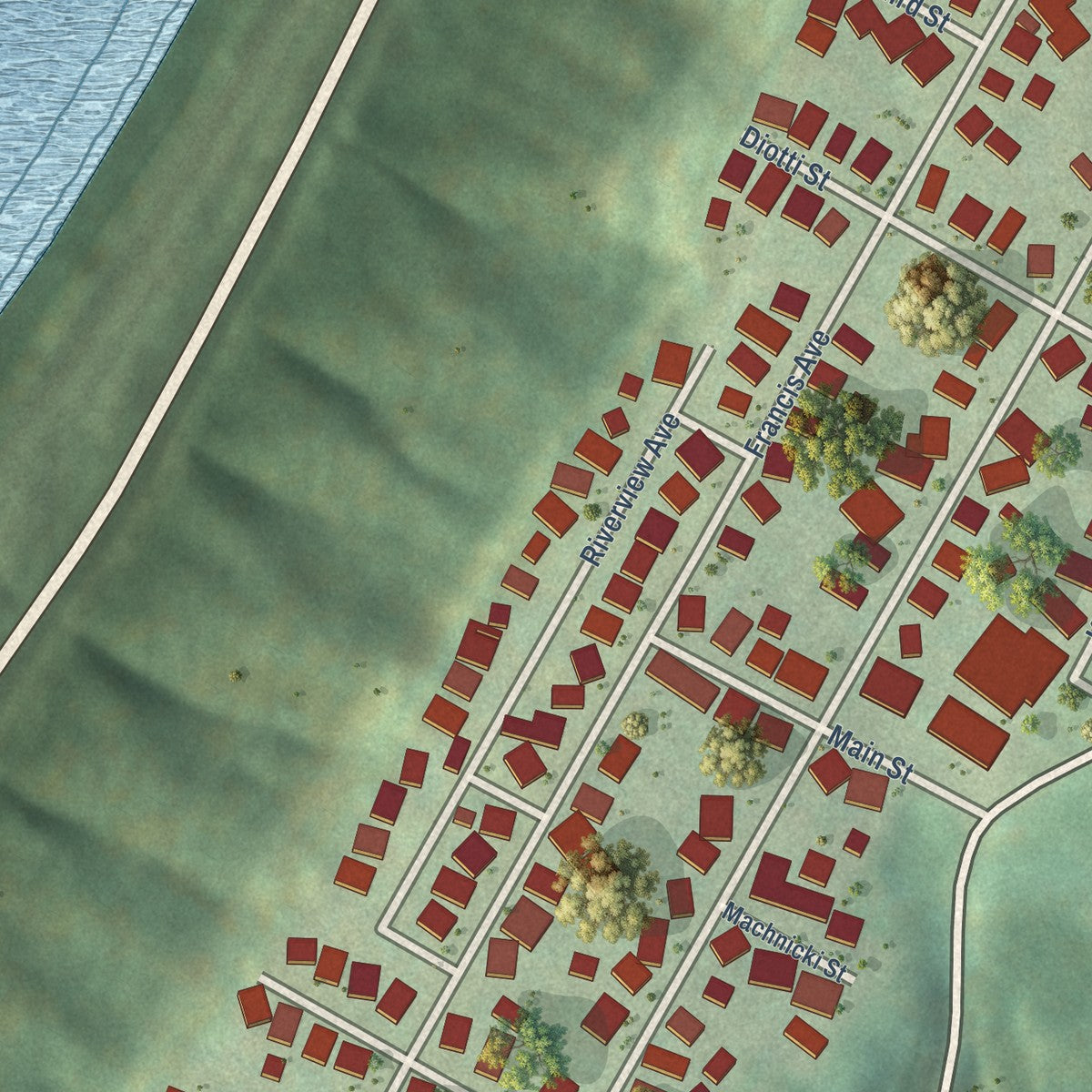 Close-up of the map of Windsor Heights, West Virginia print showing street and building detail