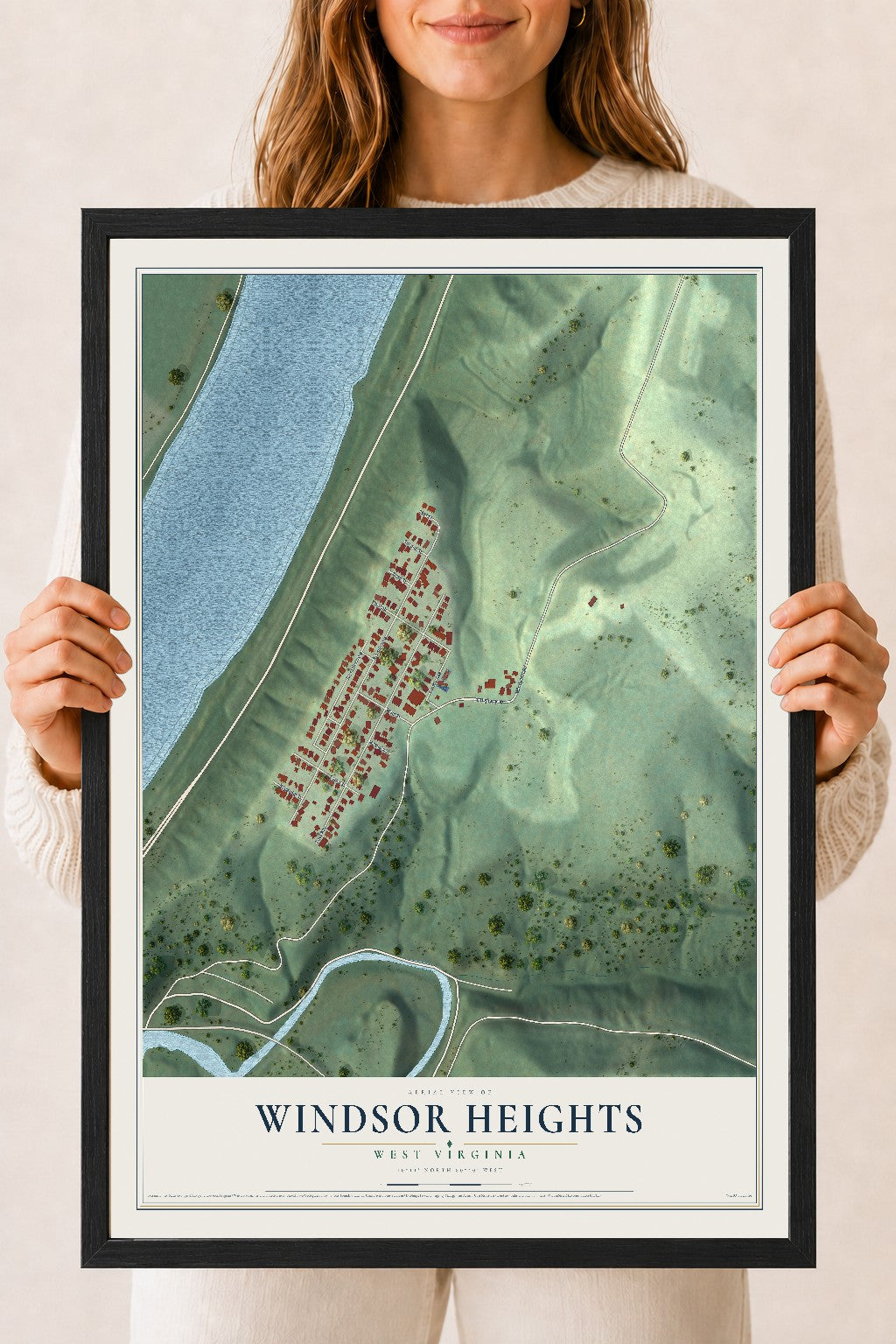 Map of Windsor Heights, West Virginia, 18 x 24 inch print in a black wood frame