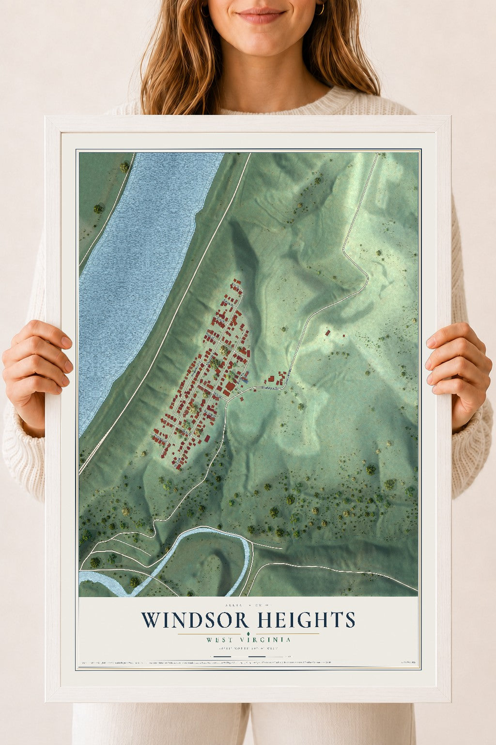 Map of Windsor Heights, West Virginia, 18 x 24 inch print in a white wood frame