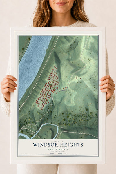 Map of Windsor Heights, West Virginia, 18 x 24 inch print in a white wood frame