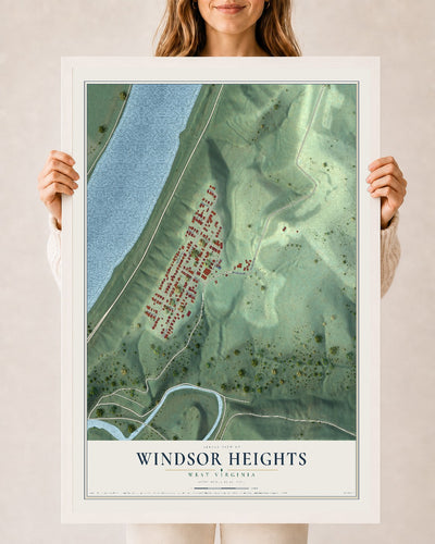 Map of Windsor Heights, West Virginia, 24 x 36 inch print in a white wood frame