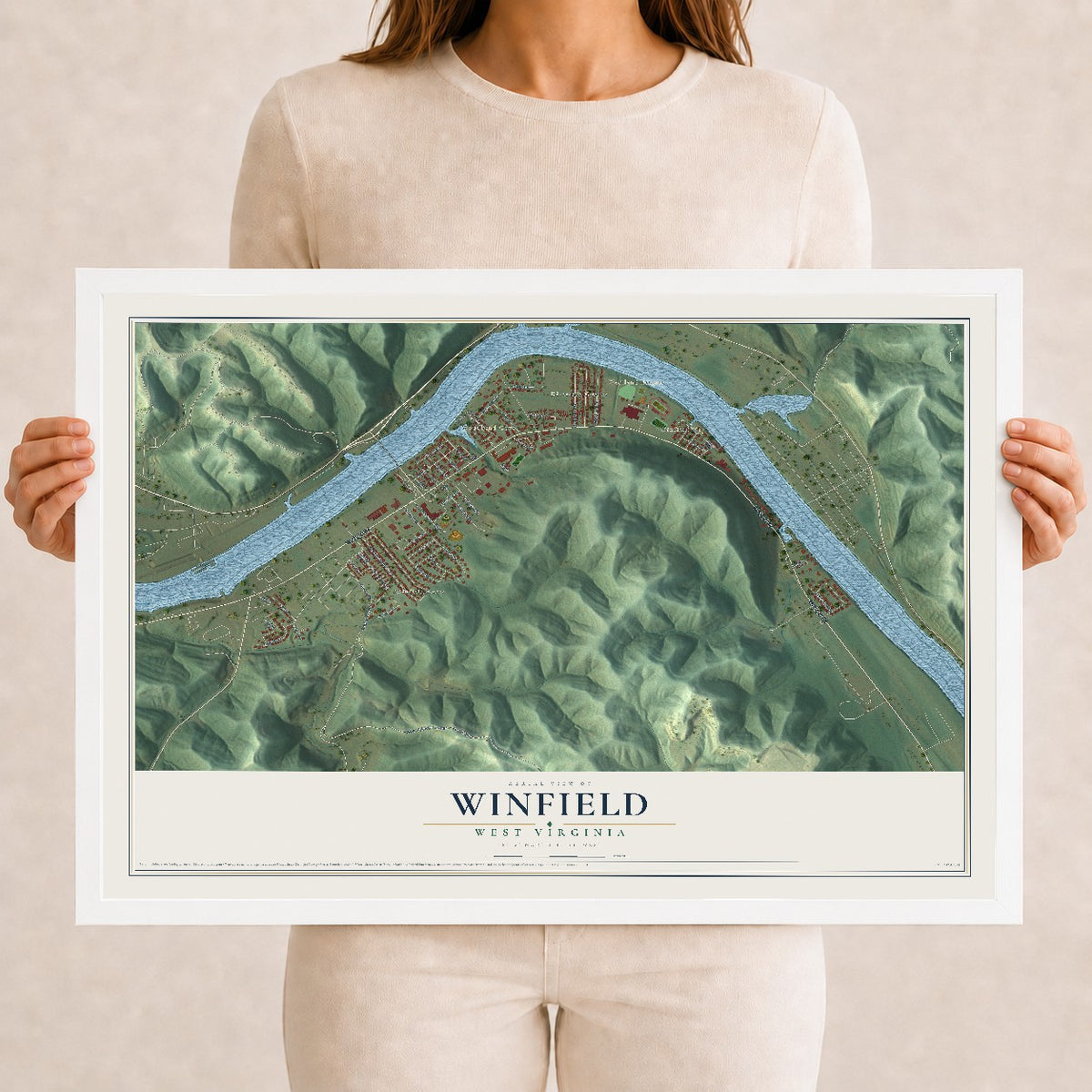 Map of Winfield, West Virginia, 12 x 18 inch print in a white wood frame
