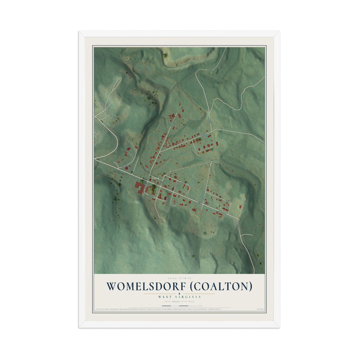Map of Womelsdorf (Coalton), West Virginia, 12 x 18 inch print in a white wood frame