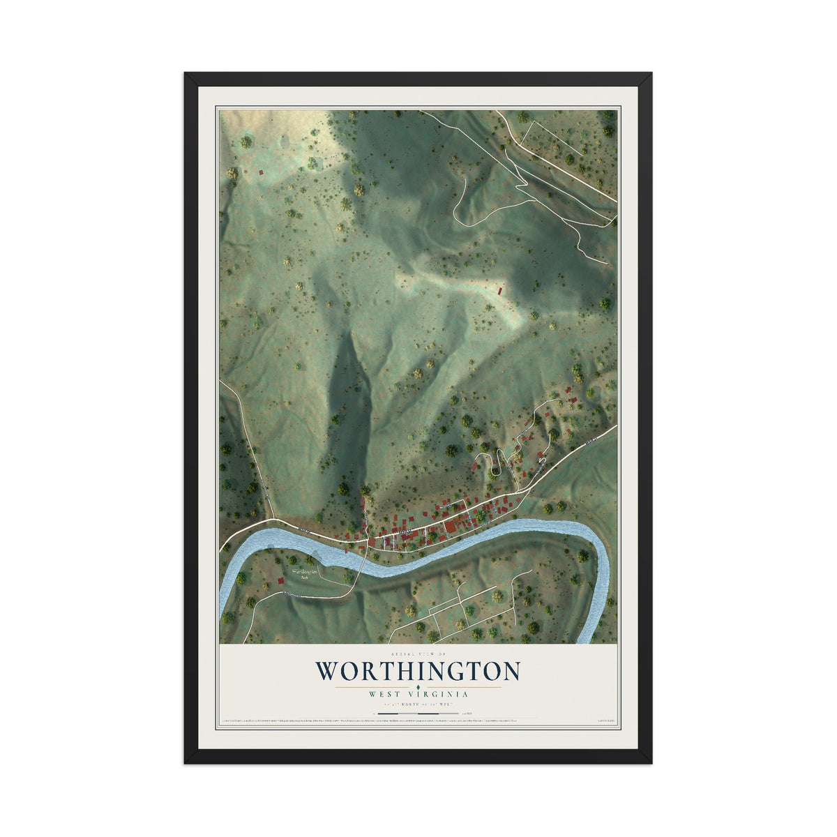 Map of Worthington, West Virginia, 12 x 18 inch print in a black wood frame