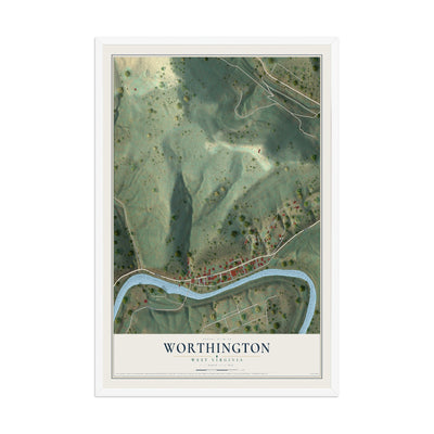 Map of Worthington, West Virginia, 12 x 18 inch print in a white wood frame