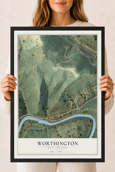 Map of Worthington, West Virginia, 18 x 24 inch print in a black wood frame