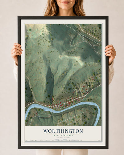 Map of Worthington, West Virginia, 24 x 36 inch print in a black wood frame