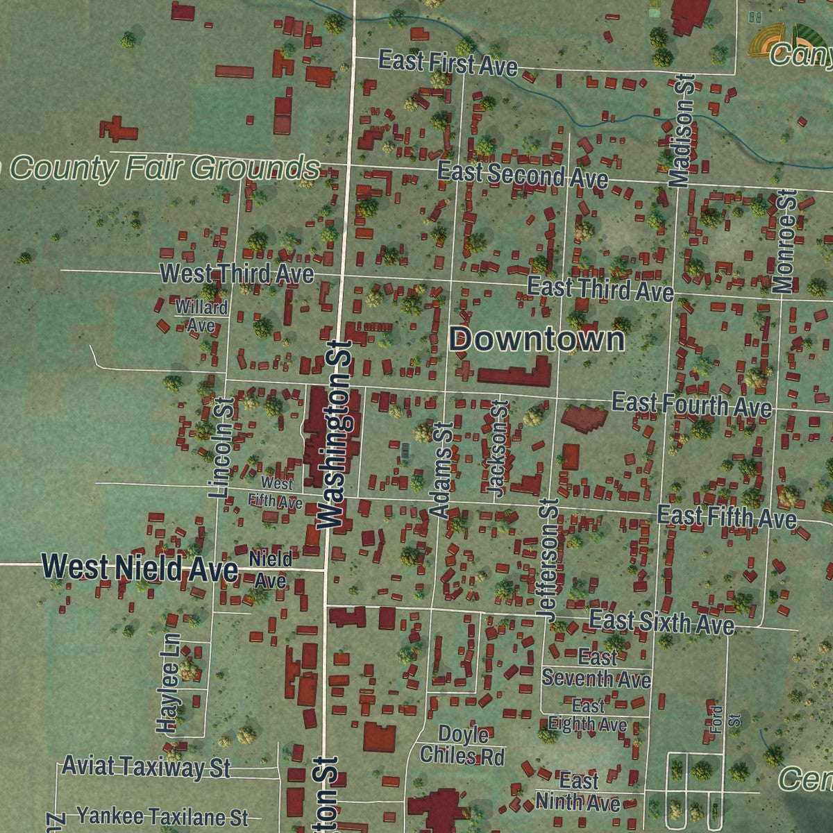 Close-up of the map of Afton, Wyoming print showing street and building detail