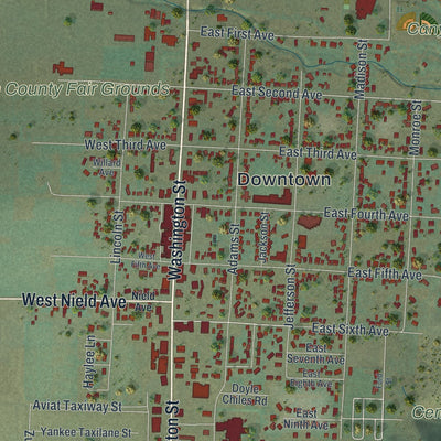 Close-up of the map of Afton, Wyoming print showing street and building detail