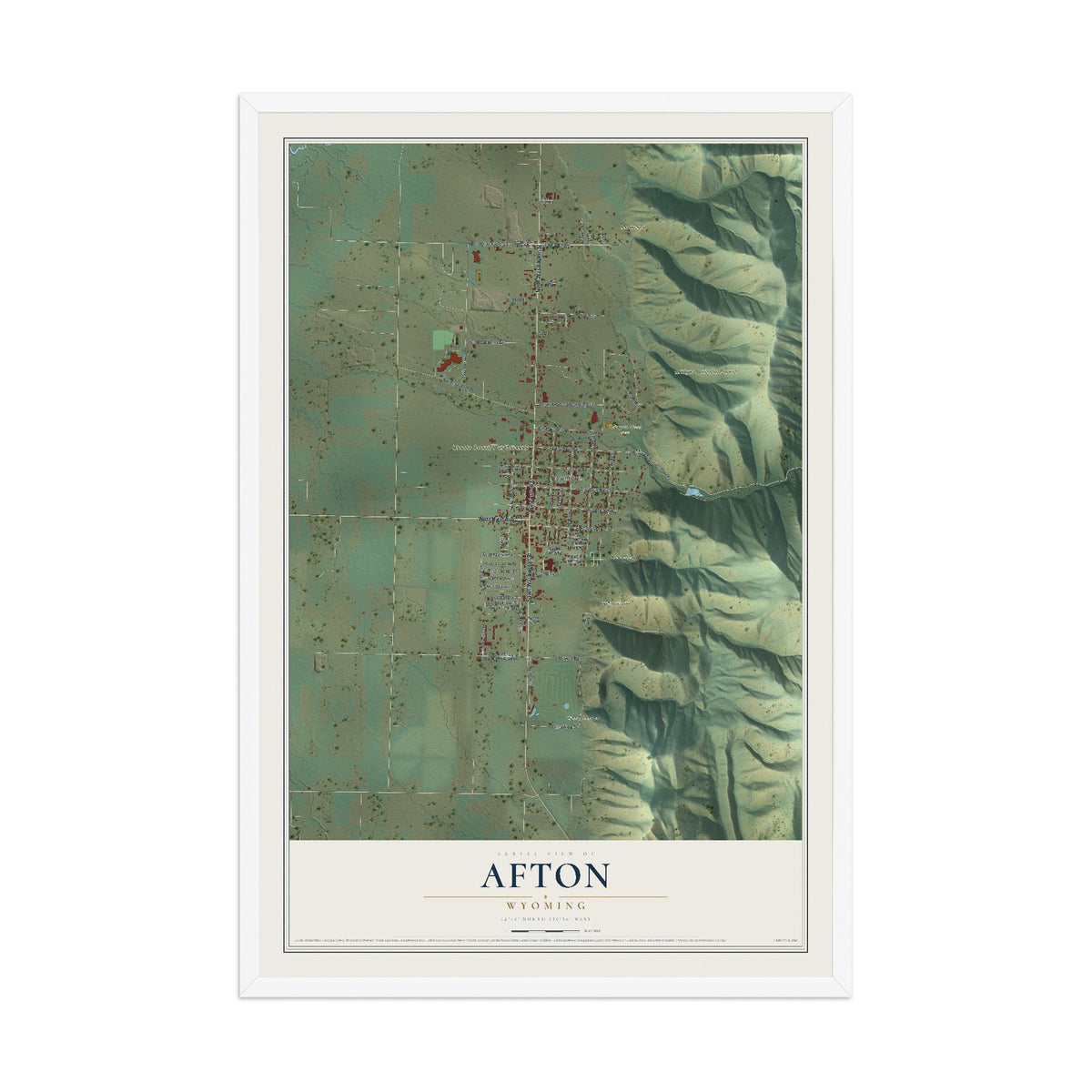 Map of Afton, Wyoming, 12 x 18 inch print in a white wood frame