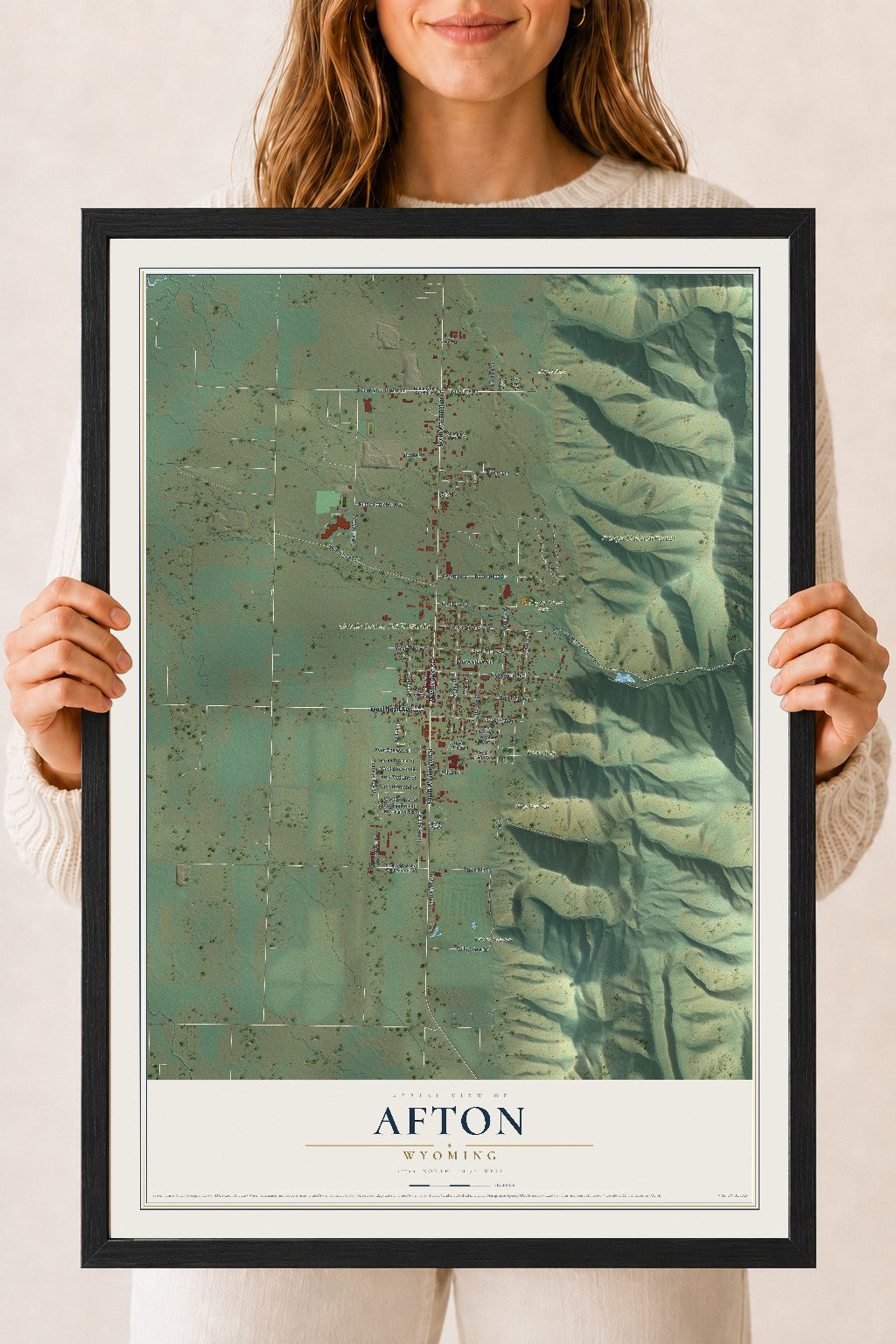 Map of Afton, Wyoming, 18 x 24 inch print in a black wood frame