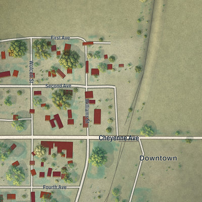 Close-up of the map of Albin, Wyoming print showing street and building detail