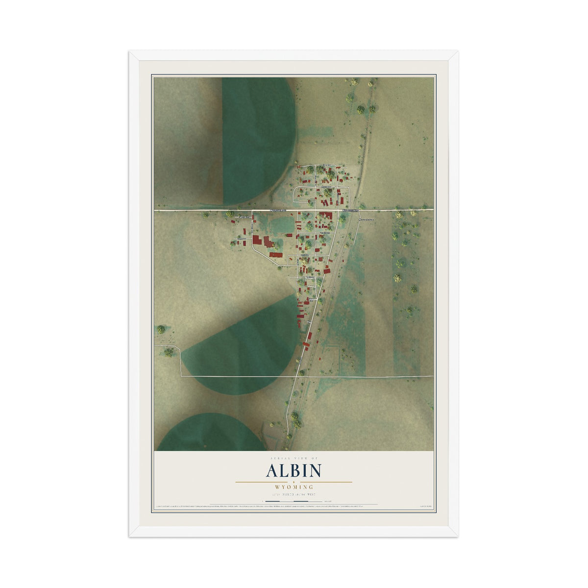 Map of Albin, Wyoming, 12 x 18 inch print in a white wood frame