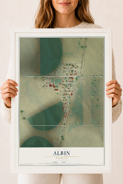 Map of Albin, Wyoming, 18 x 24 inch print in a white wood frame