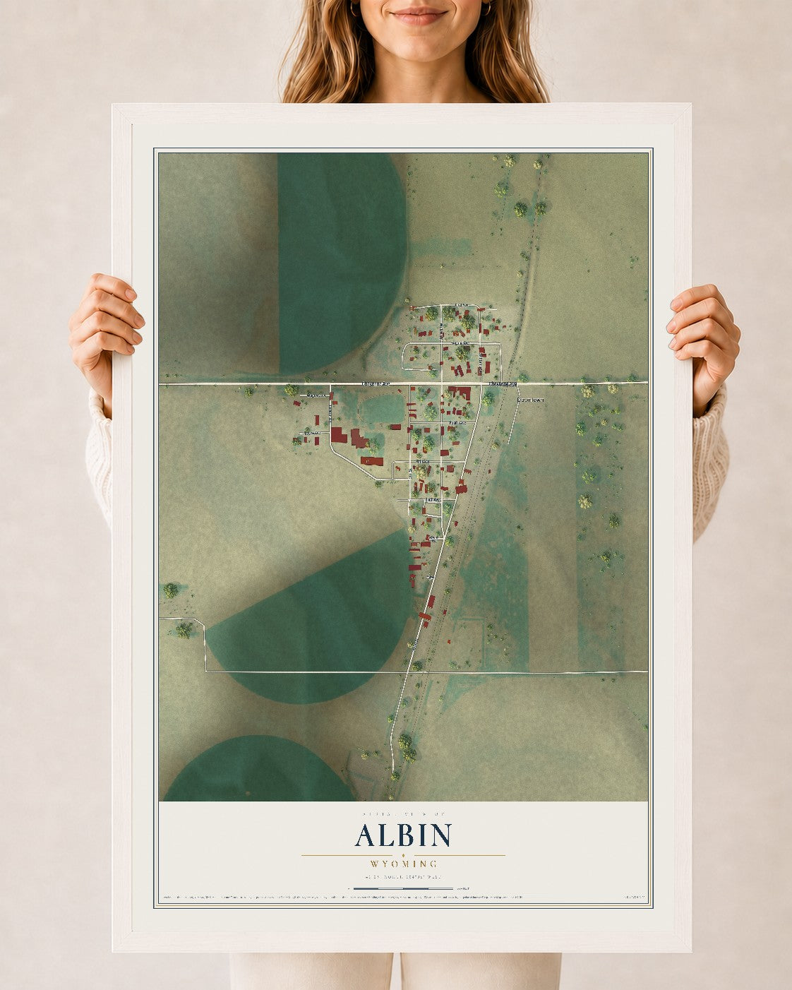Map of Albin, Wyoming, 24 x 36 inch print in a white wood frame