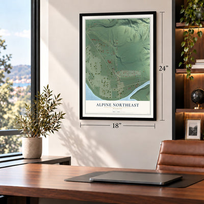 Alpine Northeast, Wyoming map, 18 x 24 inch print in a black frame in a home office