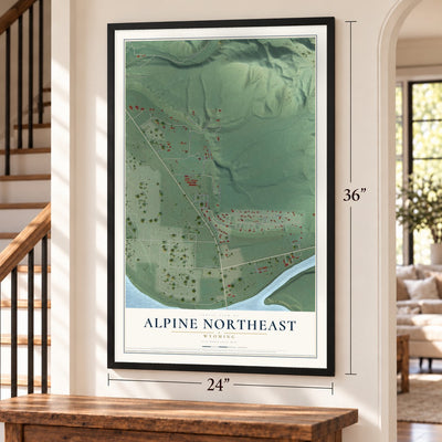 Alpine Northeast, Wyoming map, 24 x 36 inch print in a black frame by a staircase