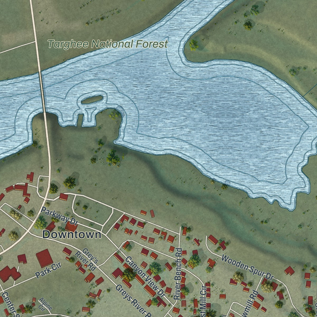 Close-up of the map of Alpine, Wyoming print showing street and building detail