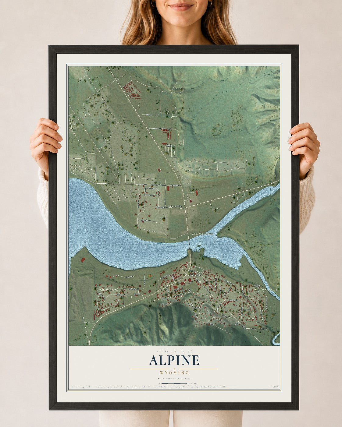 Map of Alpine, Wyoming, 24 x 36 inch print in a black wood frame