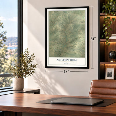 Antelope Hills, Wyoming map, 18 x 24 inch print in a black frame in a home office