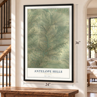 Antelope Hills, Wyoming map, 24 x 36 inch print in a black frame by a staircase