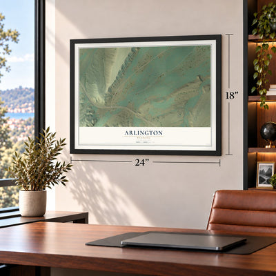 Arlington, Wyoming map, 18 x 24 inch print in a black frame in a home office