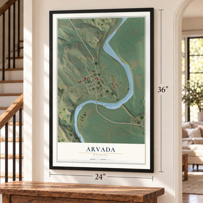 Arvada, Wyoming map, 24 x 36 inch print in a black frame by a staircase