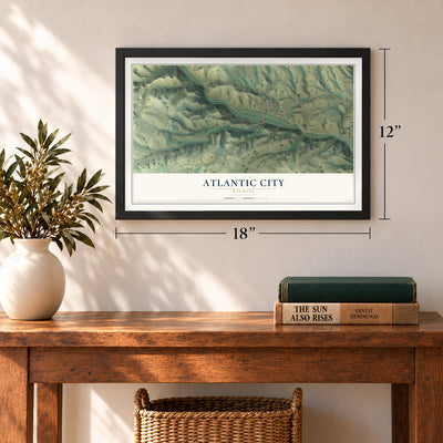 Atlantic City, Wyoming map, 12 x 18 inch print in a black frame in an entryway
