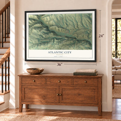 Atlantic City, Wyoming map, 24 x 36 inch print in a black frame above a dresser by a staircase