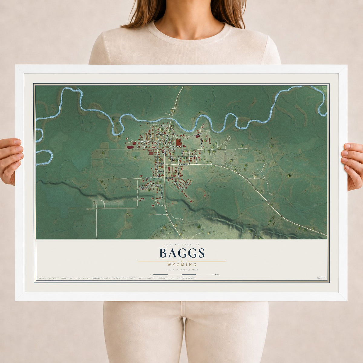 Map of Baggs, Wyoming, 18 x 24 inch print in a white wood frame