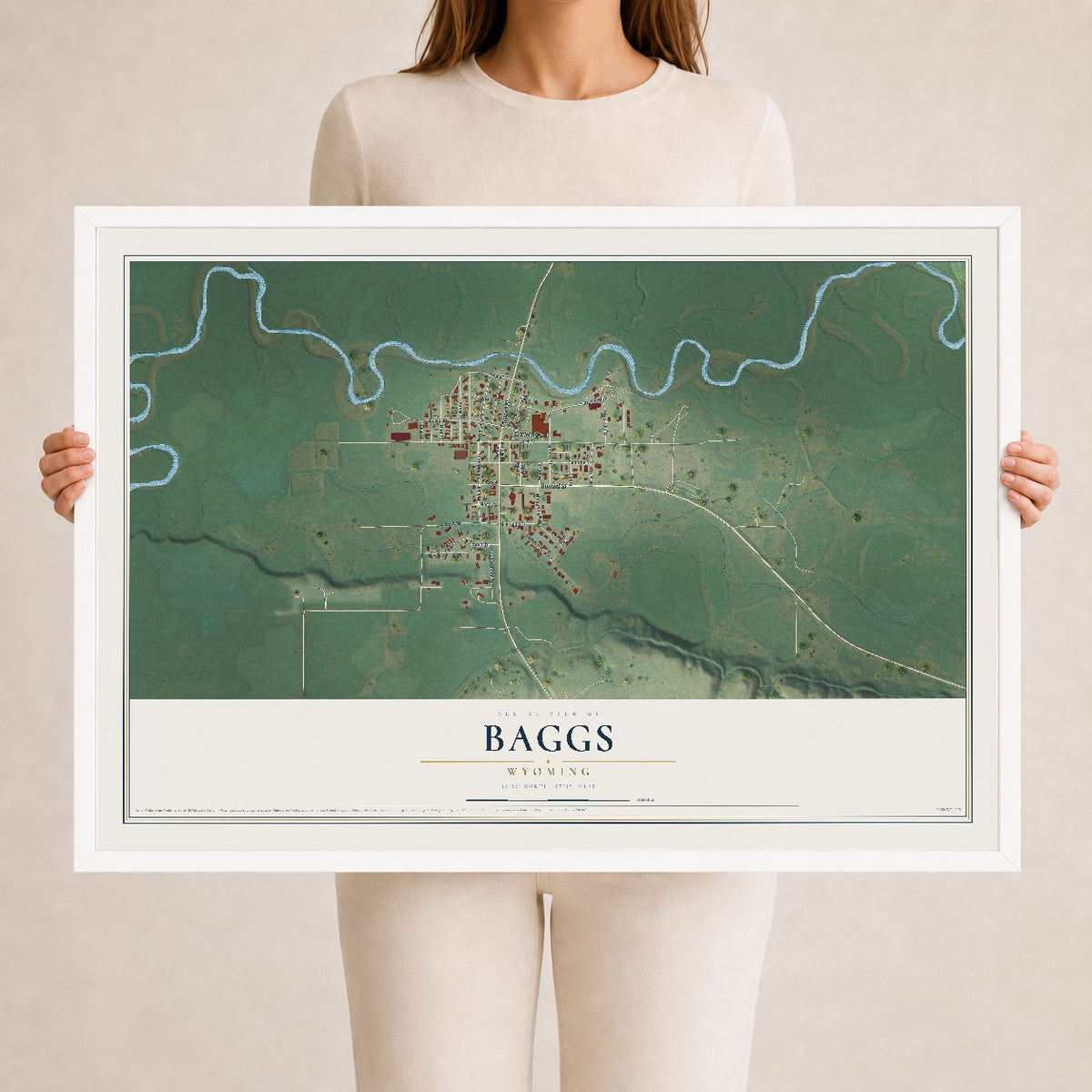 Map of Baggs, Wyoming, 24 x 36 inch print in a white wood frame