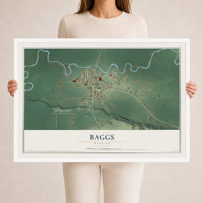 Map of Baggs, Wyoming, 24 x 36 inch print in a white wood frame