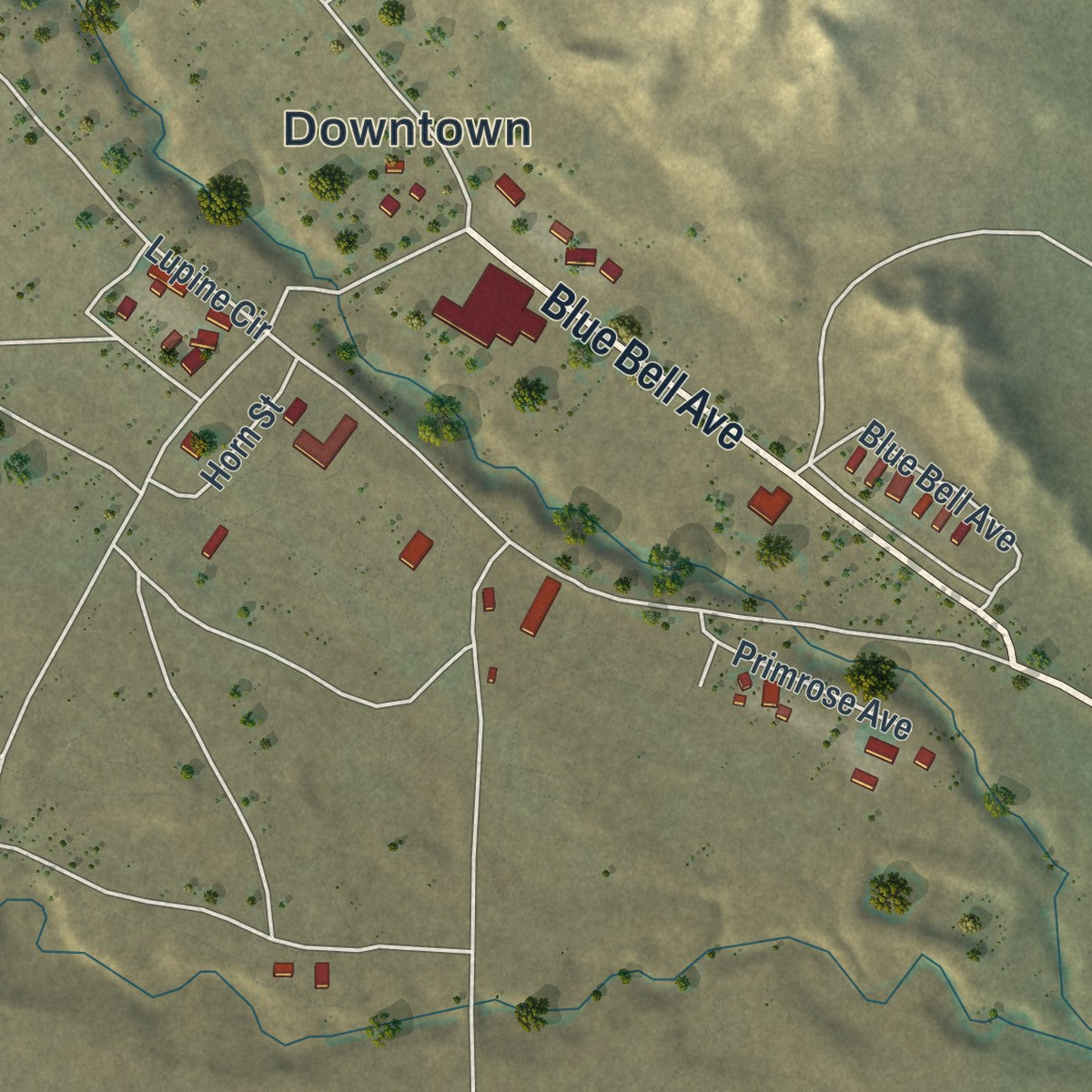Close-up of the map of Bairoil, Wyoming print showing street and building detail