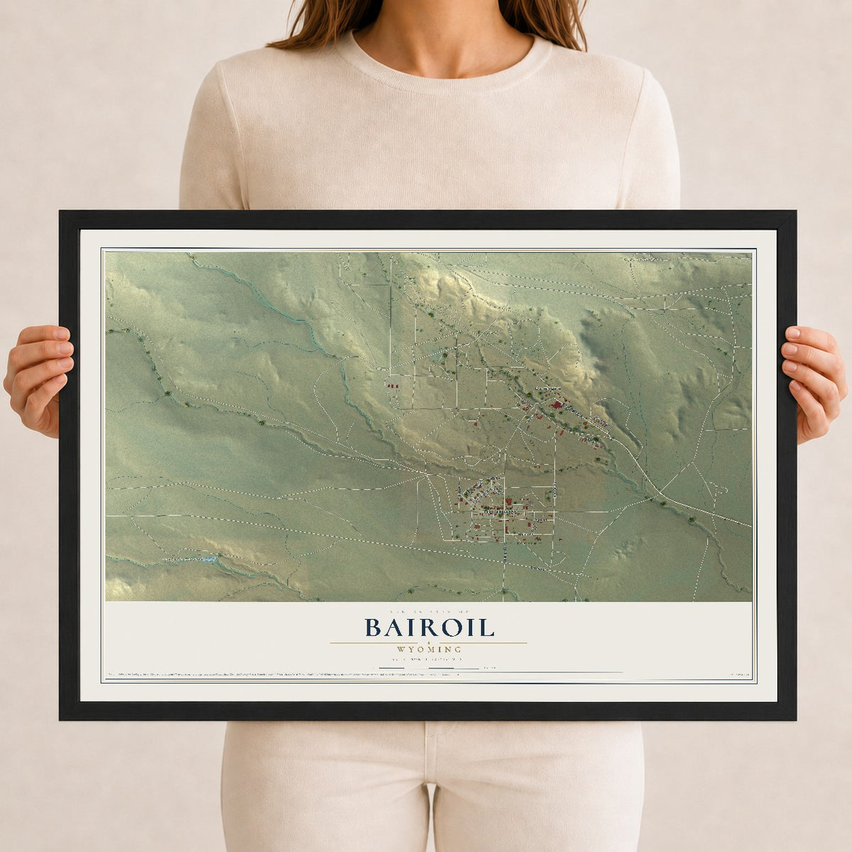 Map of Bairoil, Wyoming, 12 x 18 inch print in a black wood frame