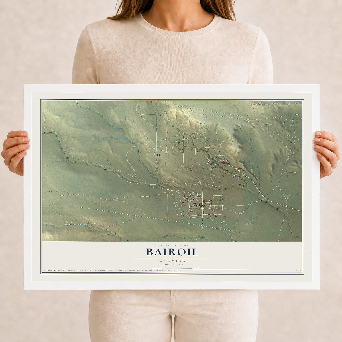 Map of Bairoil, Wyoming, 12 x 18 inch print in a white wood frame