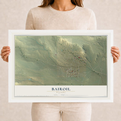 Map of Bairoil, Wyoming, 12 x 18 inch print in a white wood frame