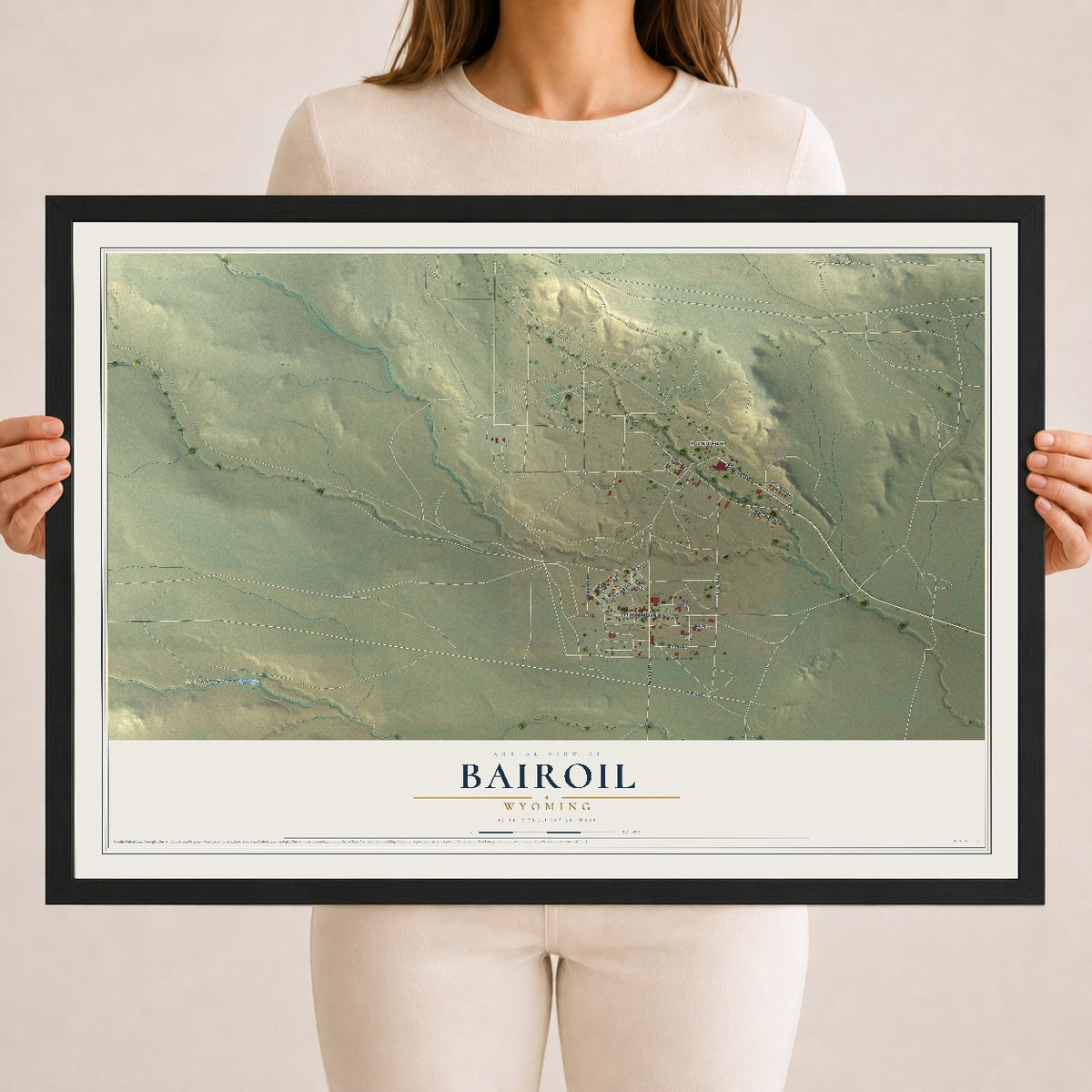 Map of Bairoil, Wyoming, 18 x 24 inch print in a black wood frame