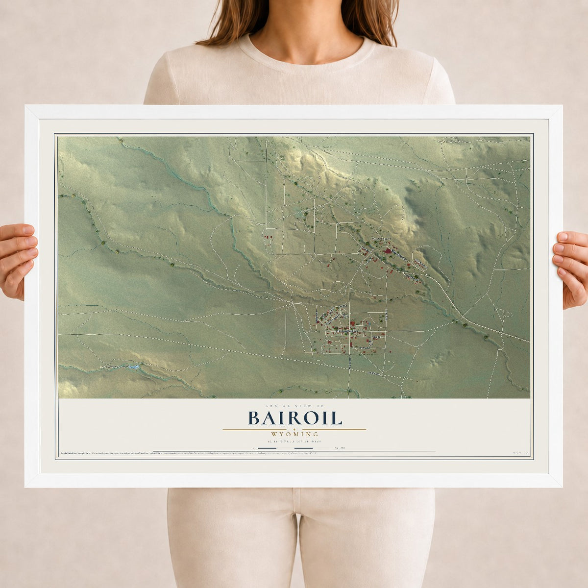 Map of Bairoil, Wyoming, 18 x 24 inch print in a white wood frame