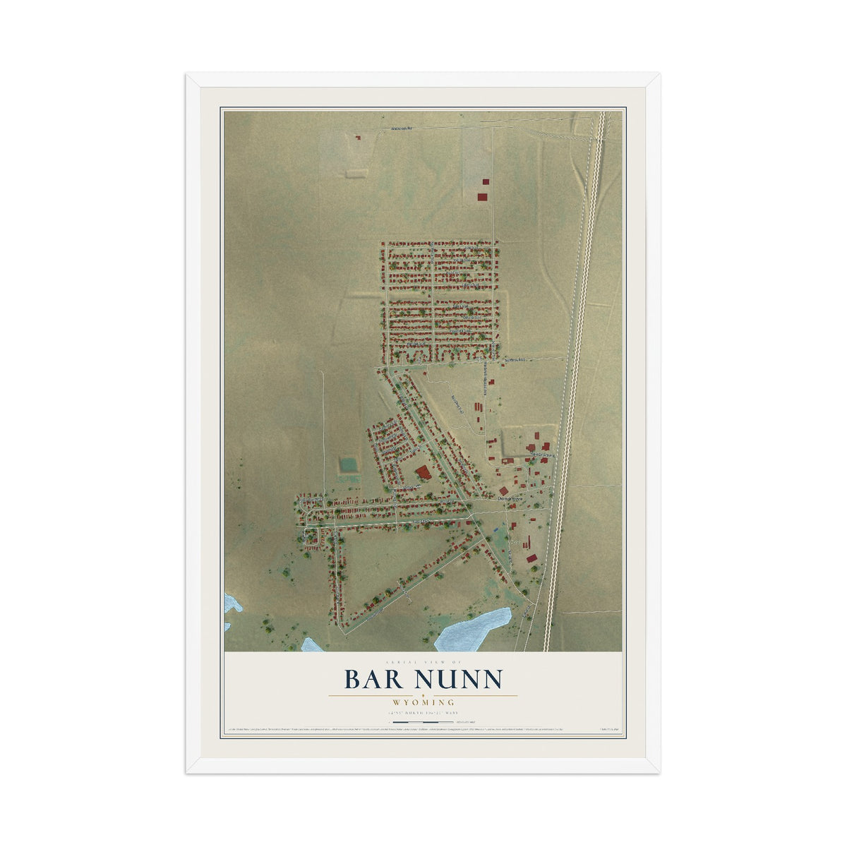 Map of Bar Nunn, Wyoming, 12 x 18 inch print in a white wood frame