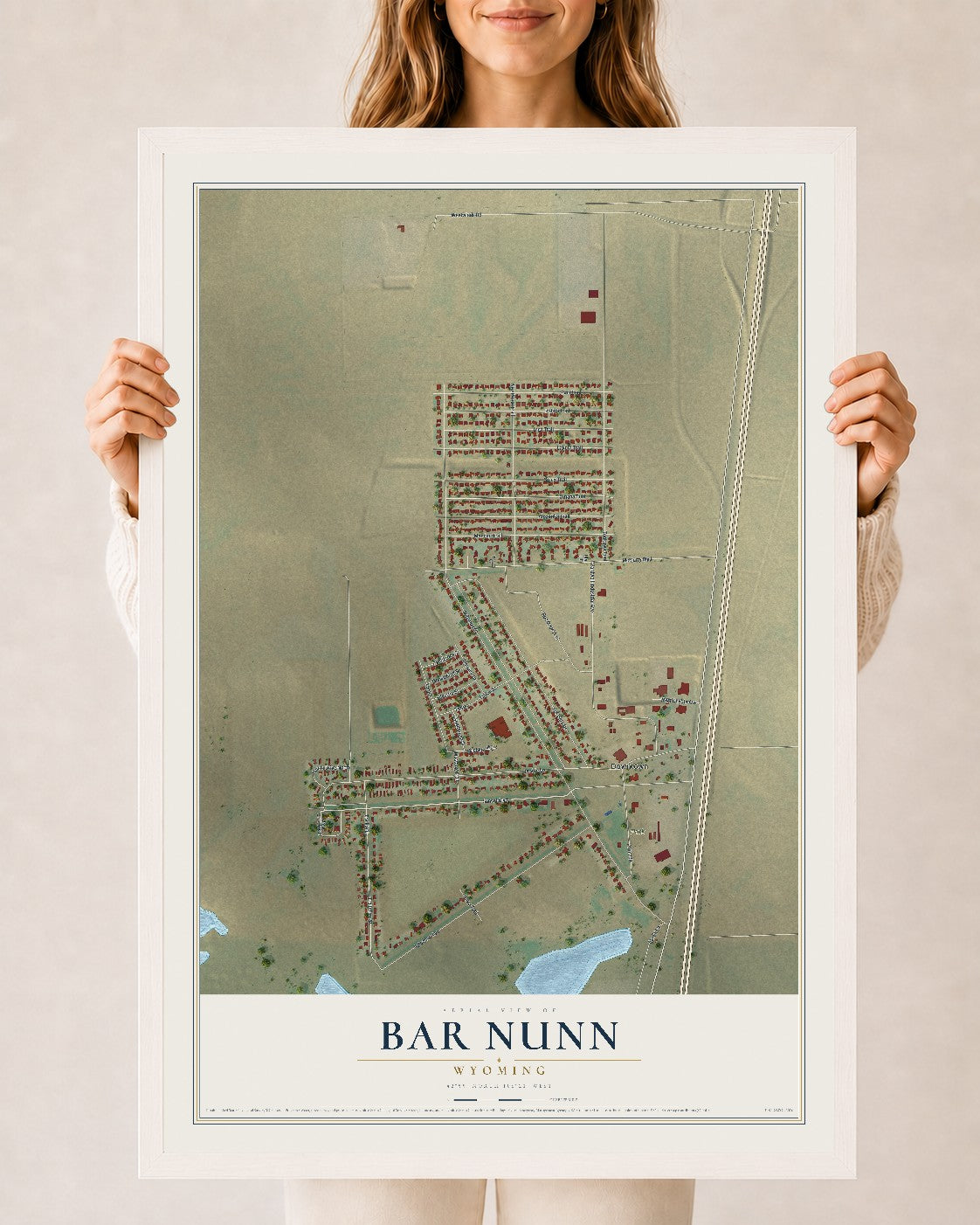 Map of Bar Nunn, Wyoming, 24 x 36 inch print in a white wood frame
