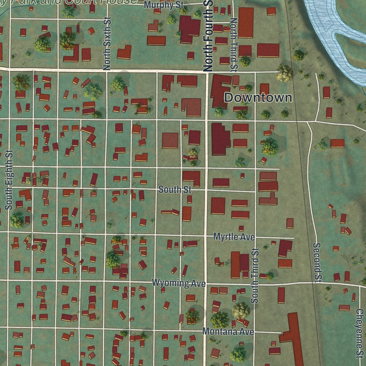 Close-up of the map of Basin, Wyoming print showing street and building detail