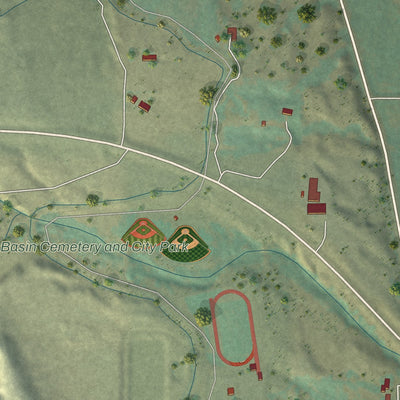 Second close-up of the map of Basin, Wyoming print showing more streets and buildings