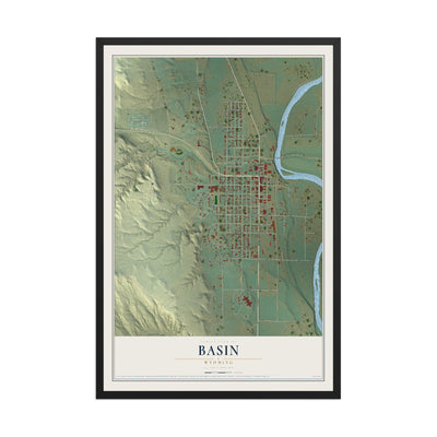 Map of Basin, Wyoming, 12 x 18 inch print in a black wood frame