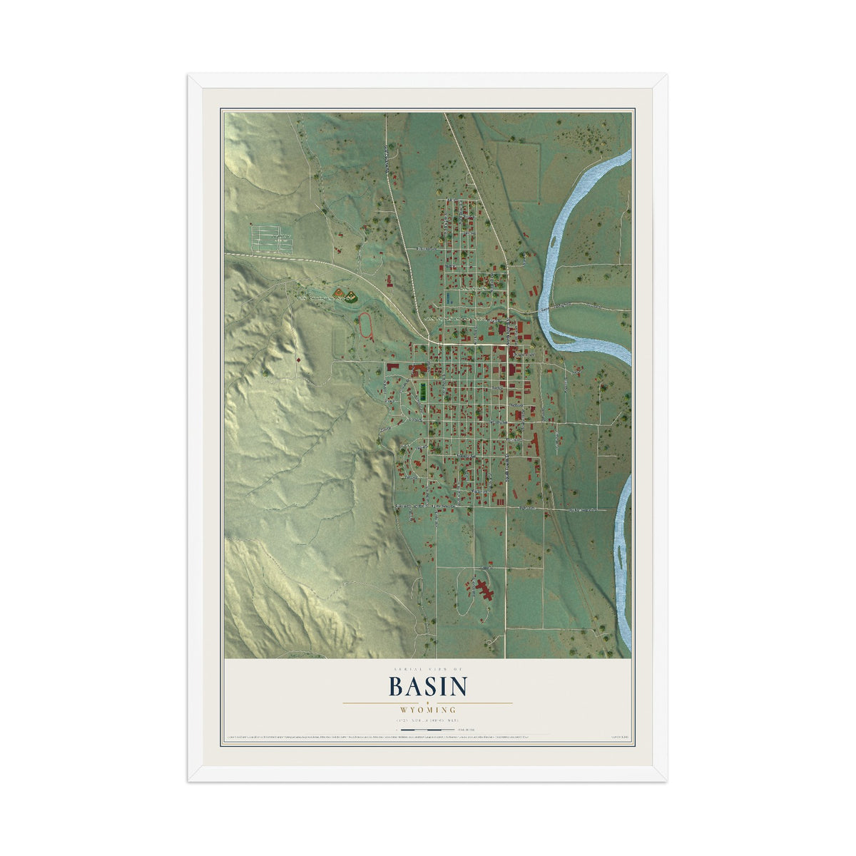 Map of Basin, Wyoming, 12 x 18 inch print in a white wood frame