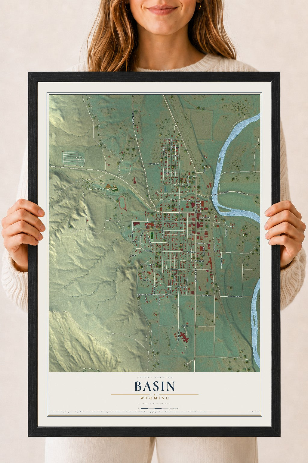 Map of Basin, Wyoming, 18 x 24 inch print in a black wood frame